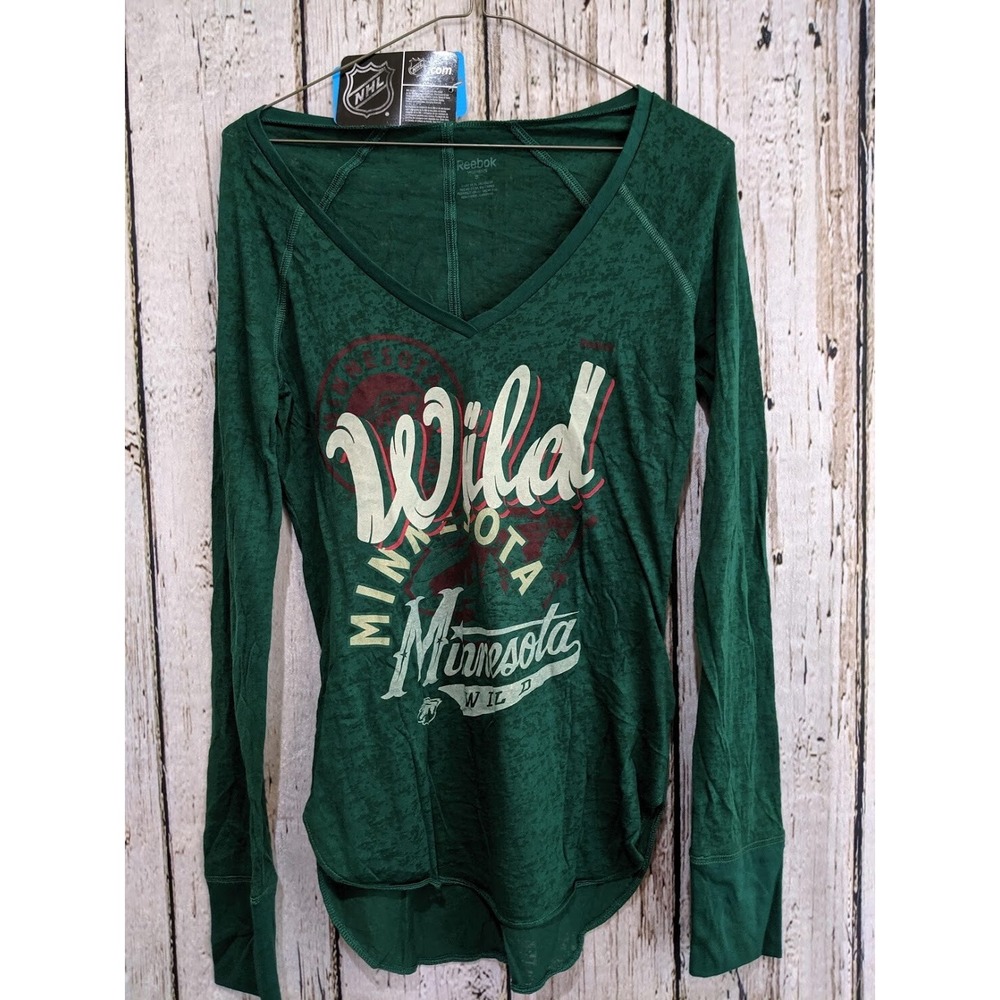 Reebok Misses Small Minnesota Wild‎ NHL Long Sleeve Hi‑Lo T‑Shirt Tee Shirt NEW